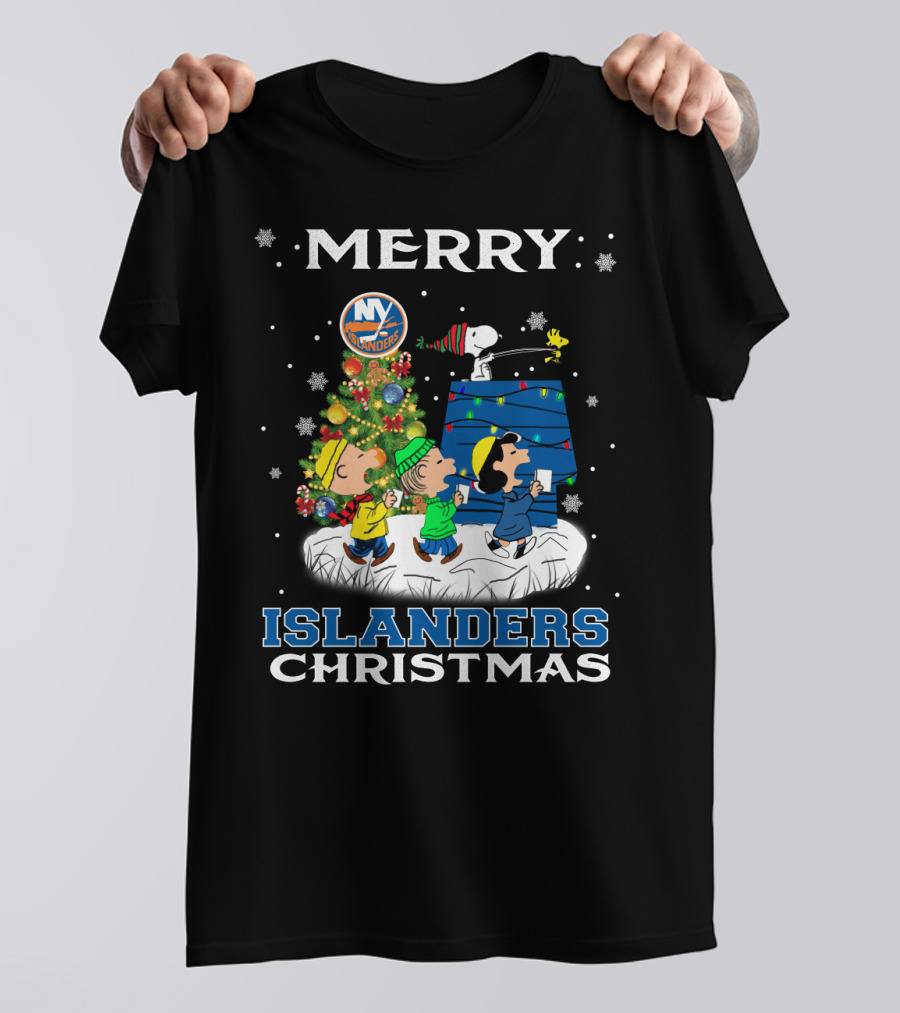 Merry Christmas New York Islanders Snoopy Fans With Peanuts Tree And Lights T-Shirt