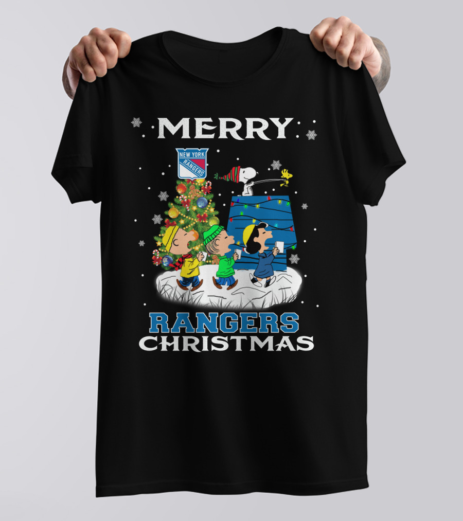Merry New York Rangers Christmas With Snoopy And Peanuts Friends T-Shirt