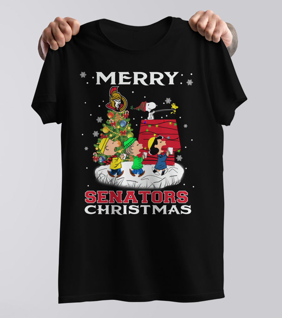 Merry Ottawa Senators Christmas Snoopy Woodstock Tree T-Shirt