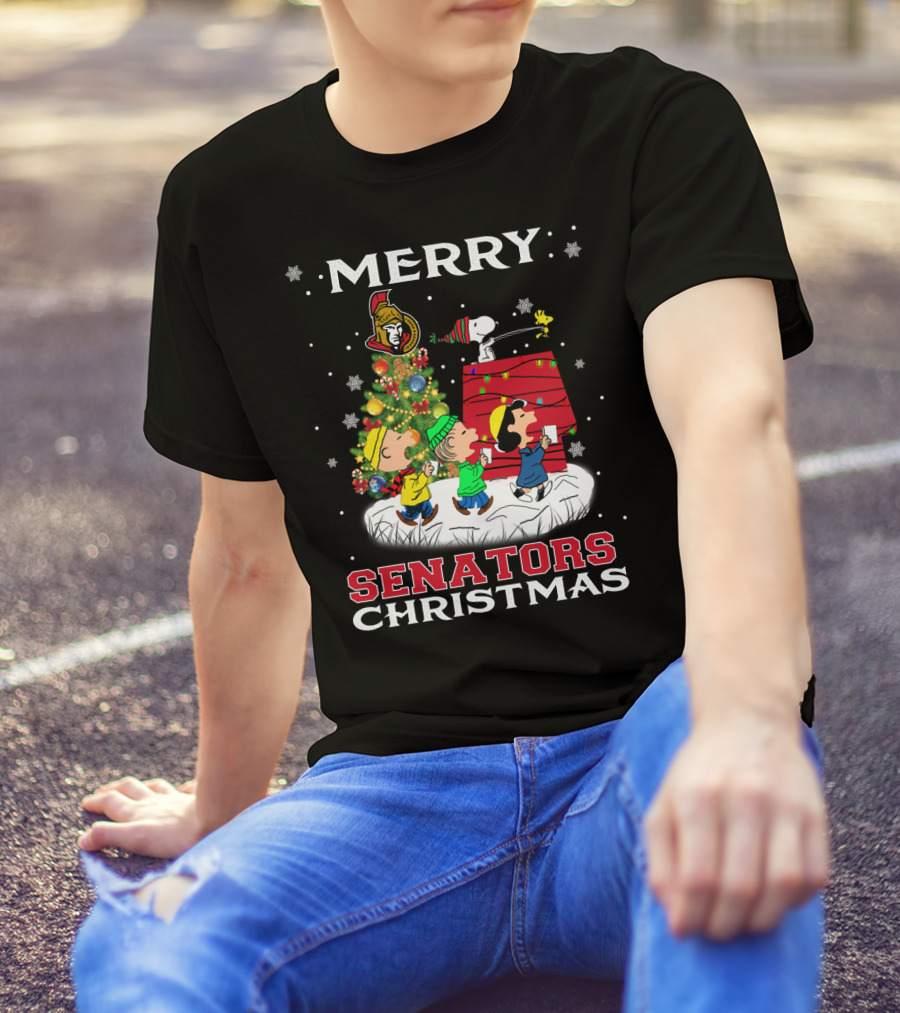 Merry Ottawa Senators Christmas Snoopy Woodstock Tree T-Shirt