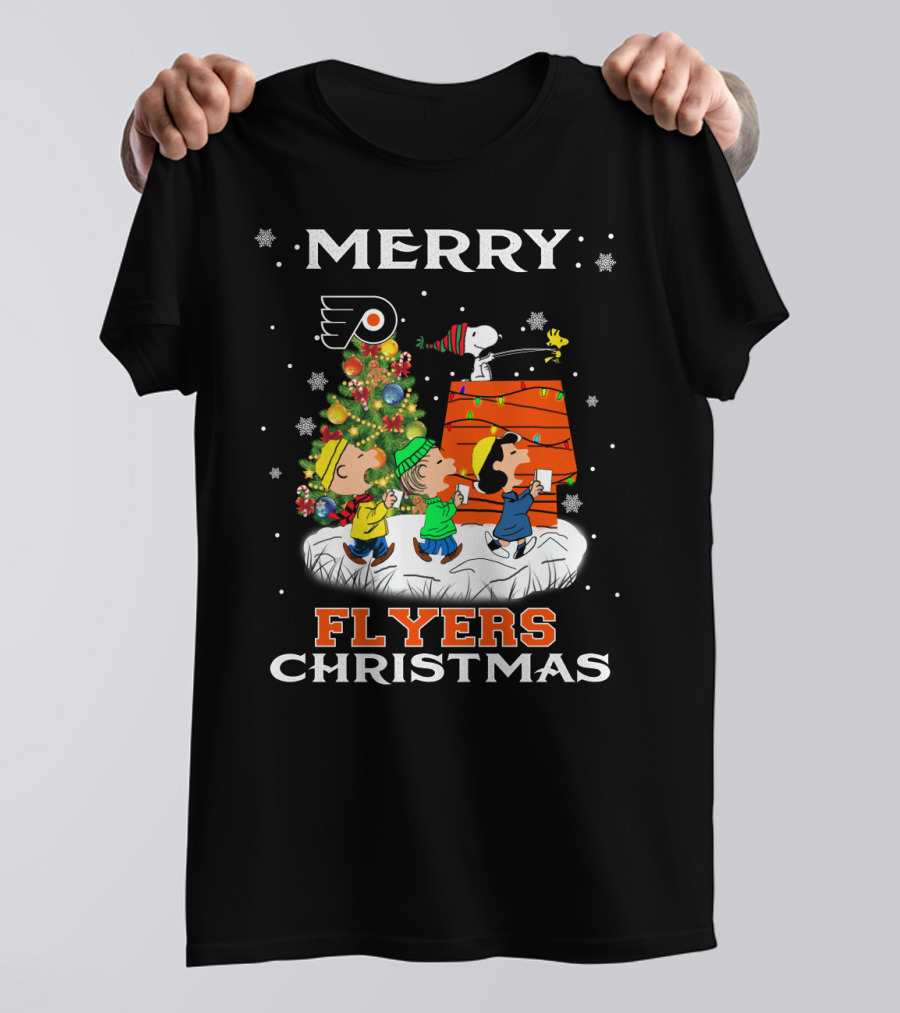 Merry Philadelphia Flyers Christmas Snoopy Tree Woodstock Lucy Charlie Brown Linus Snowflakes T-Shirt