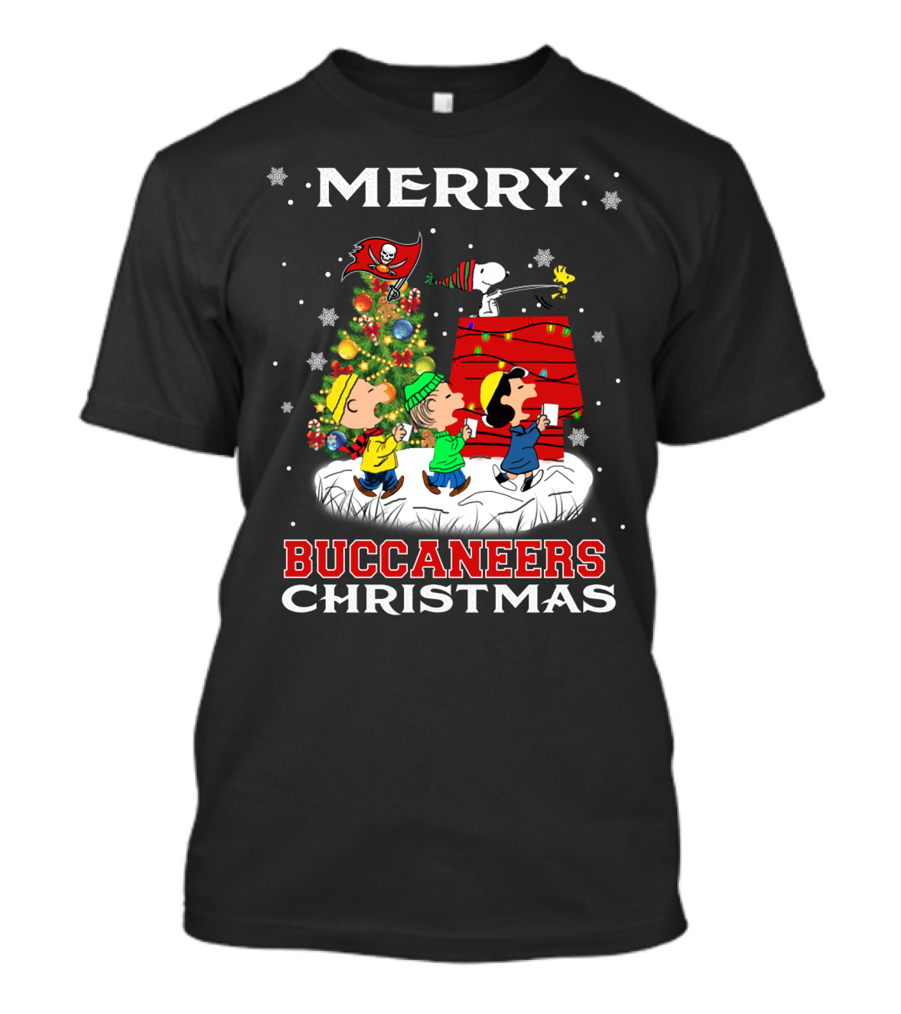 Merry Tampa Bay Buccaneers Christmas Snoopy Peanuts Holiday Scene T-Shirt
