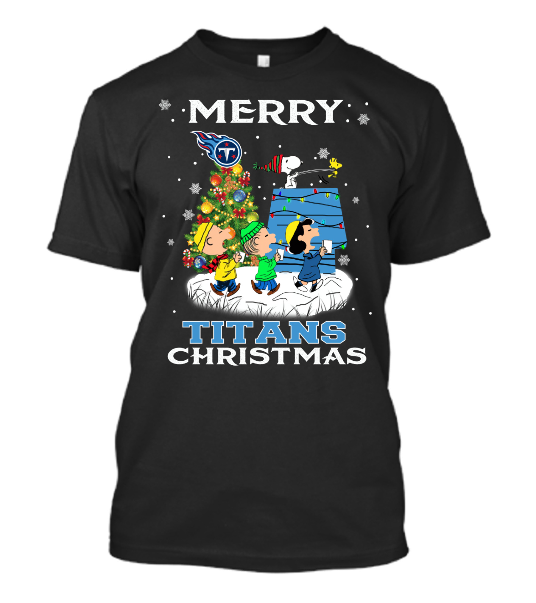Merry Tennessee Titans Christmas Featuring Snoopy And Peanuts Characters T-Shirt