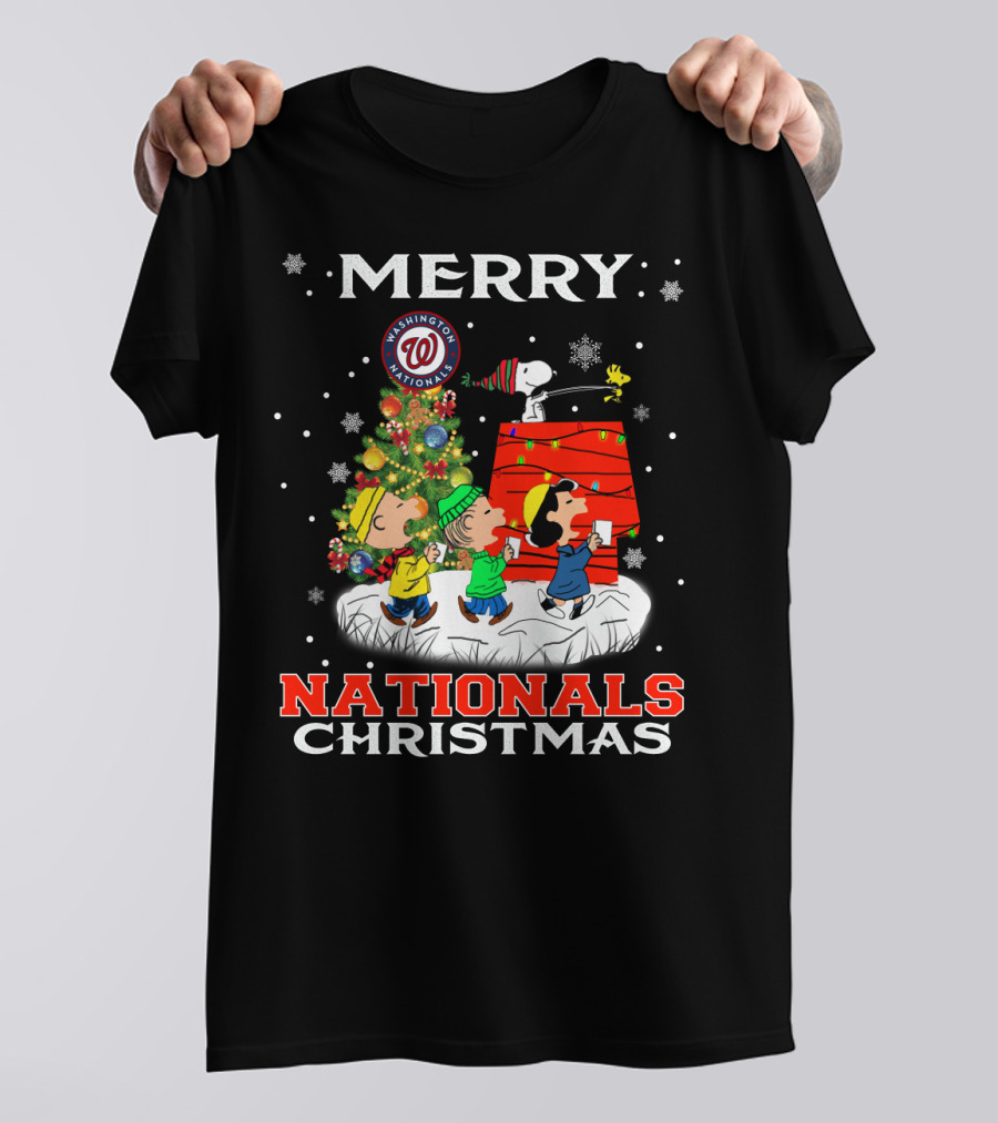 Merry Washington Nationals Christmas Snoopy With Tree And Snowflakes T-Shirt