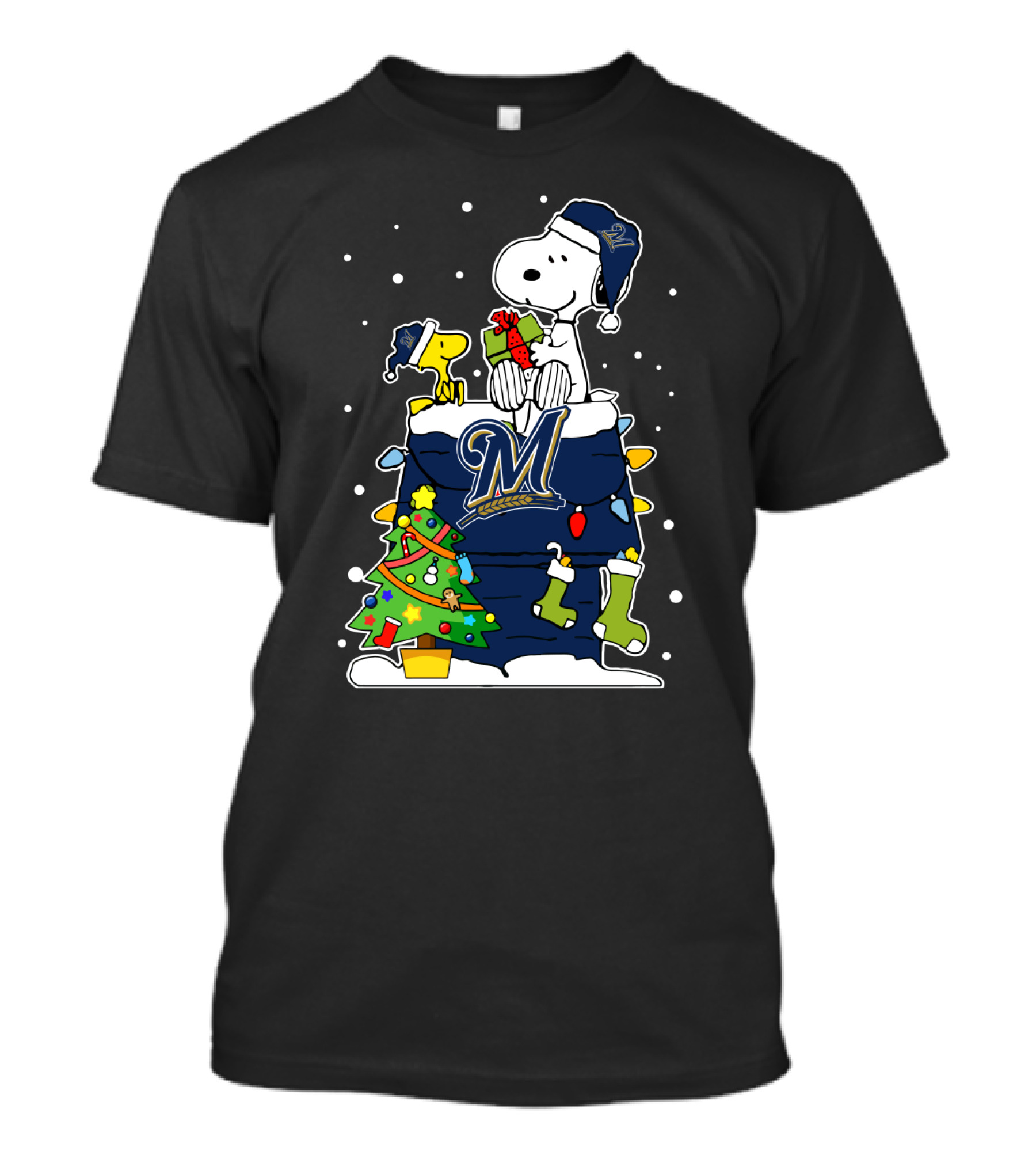 Milwaukee Brewers Snoopy Christmas Tree And Woodstock Gift Scene T-Shirt