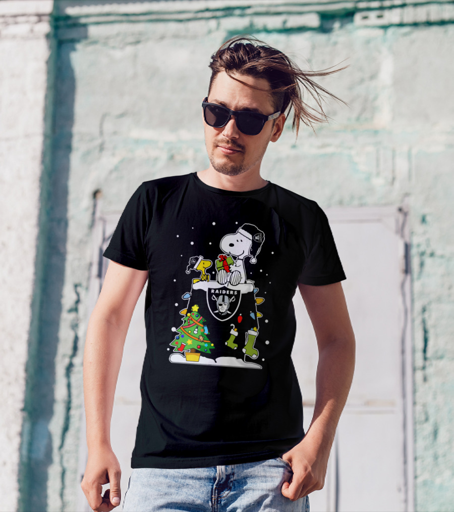 Raiders Snoopy With Christmas Tree And Woodstock T-Shirt