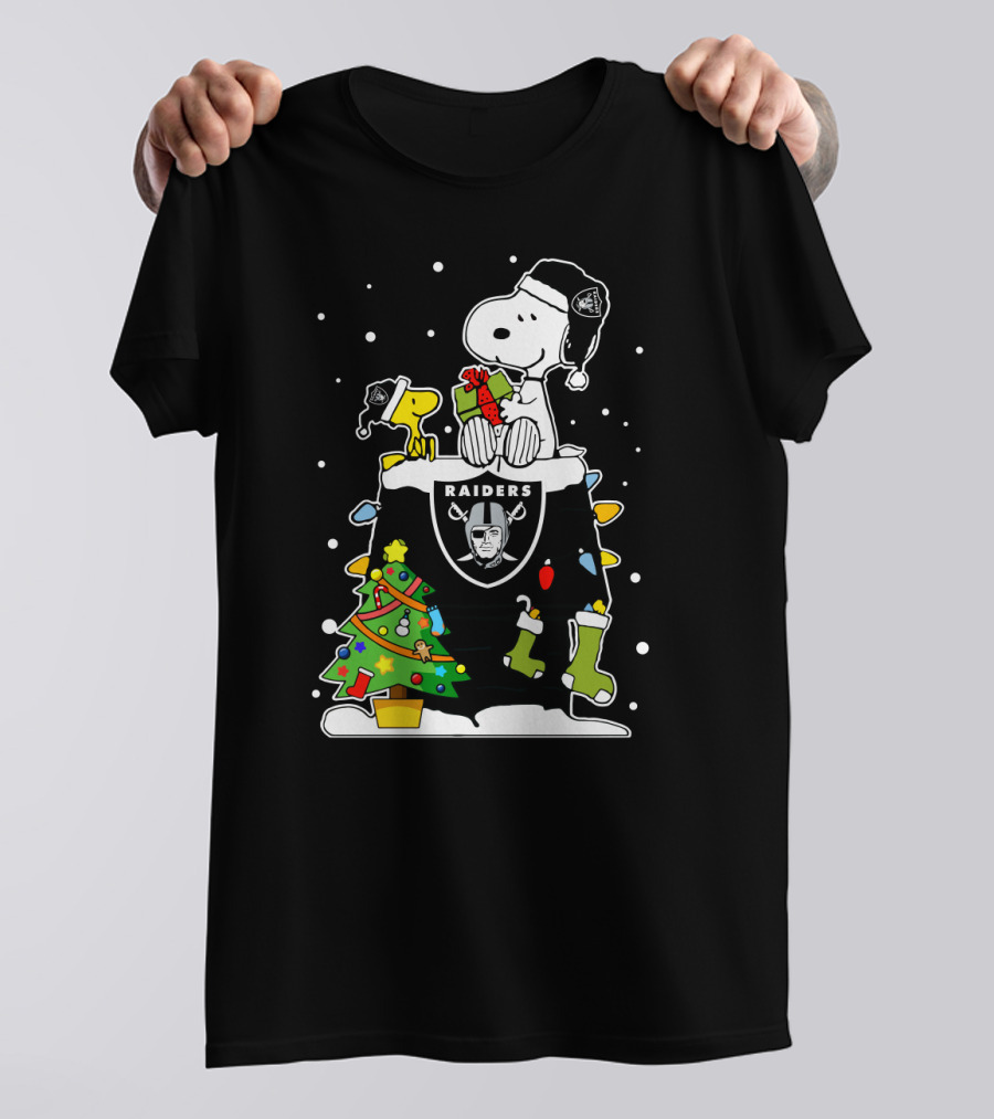 Raiders Snoopy With Christmas Tree And Woodstock T-Shirt