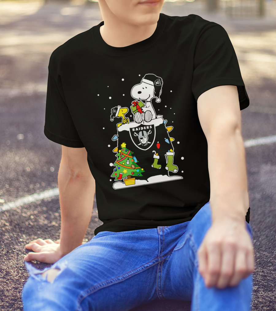 Raiders Snoopy With Christmas Tree And Woodstock T-Shirt