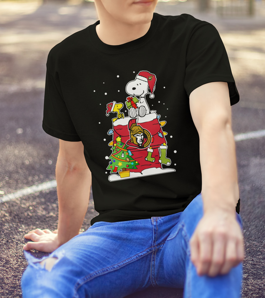 Snoopy Ottawa Senators Christmas Theme With Woodstock And Christmas Tree T-Shirt