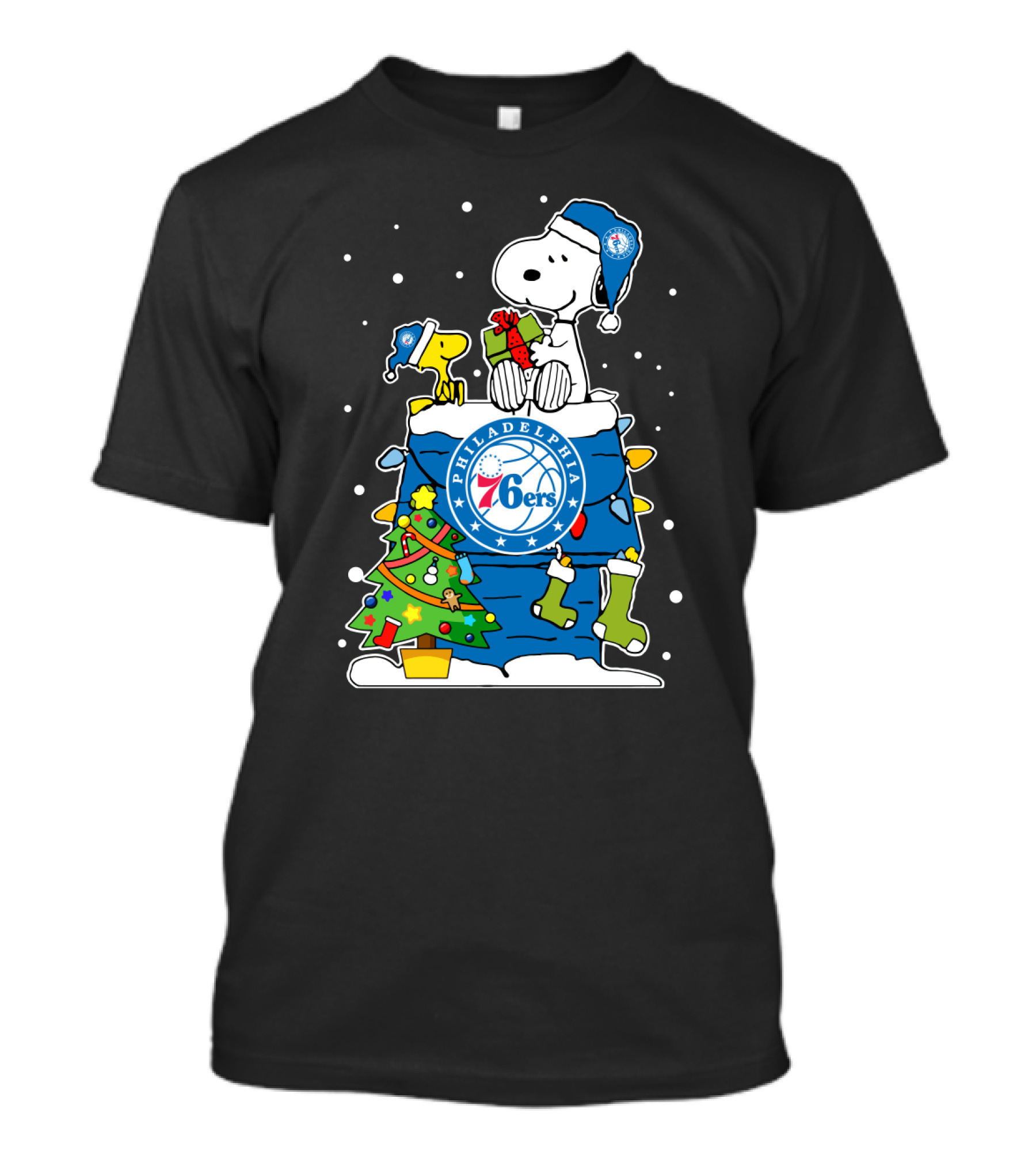 Philadelphia 76ers Snoopy Presents Christmas Scene T-Shirt