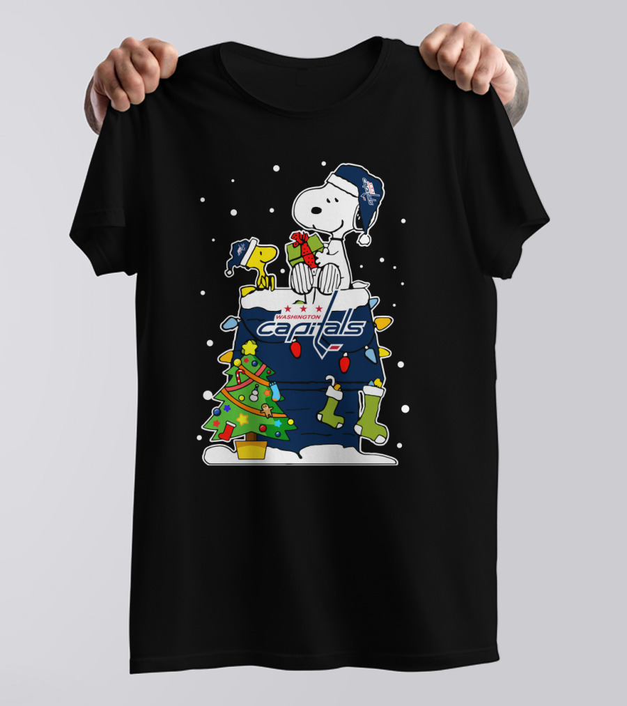 Washington Capitals Christmas Snoopy And Woodstock With Caps Beanies T-Shirt