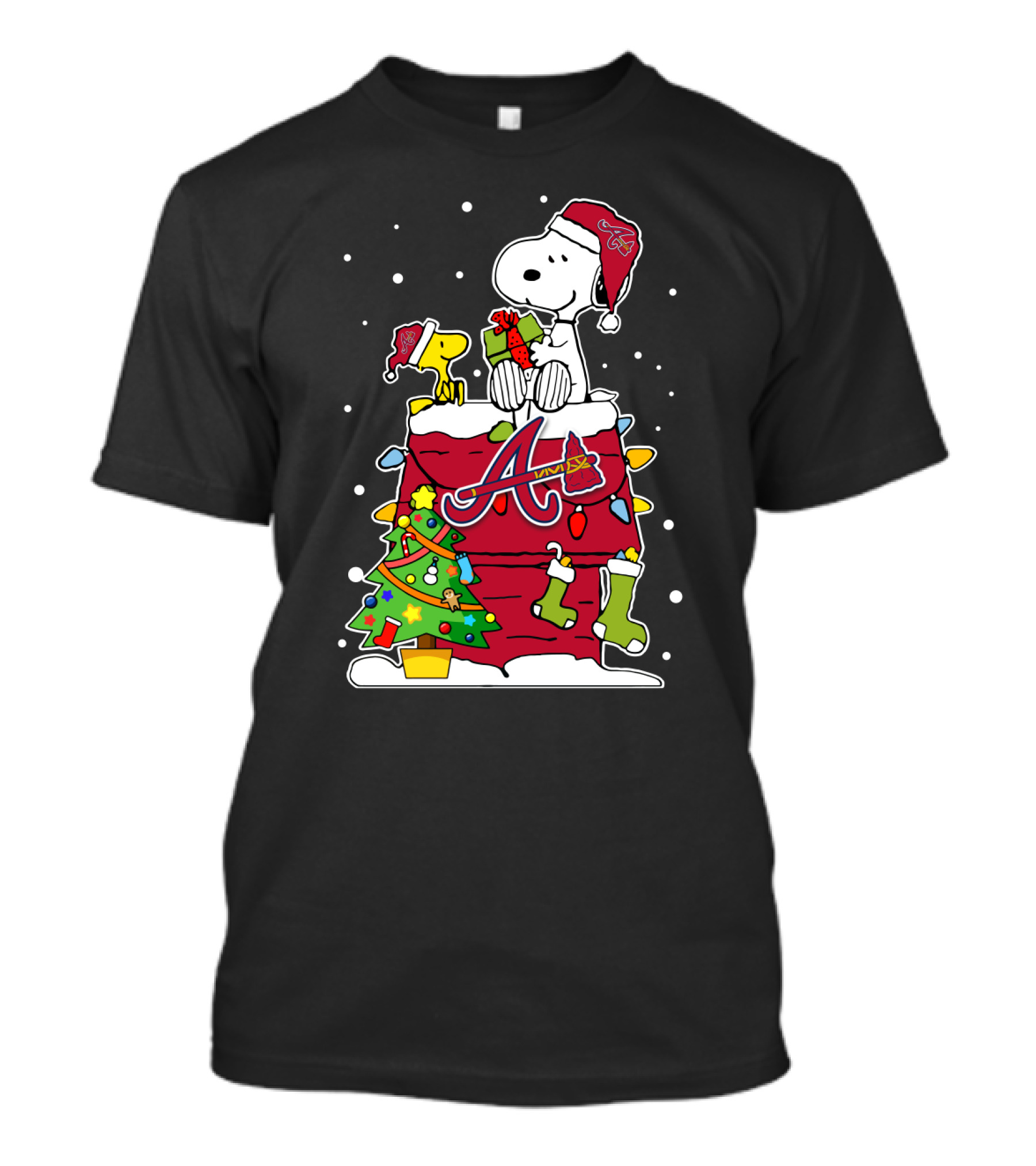 Atlanta Braves Snoopy Christmas Celebration With Woodstock And Gifts T-Shirt