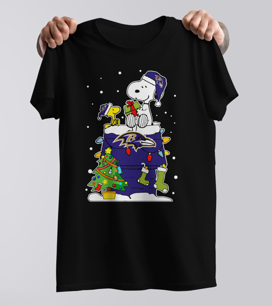 Baltimore Ravens Snoopy And Woodstock Christmas Tree Celebration T-Shirt