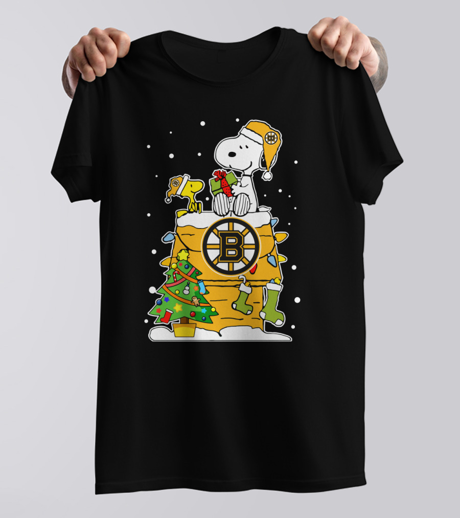 Boston Bruins Christmas Snoopy And Woodstock For Peanuts Fans T-Shirt