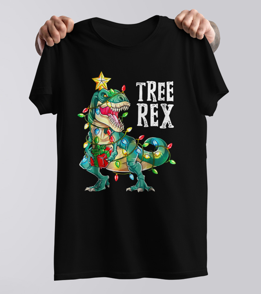 Tree Rex Dinosaur Christmas Lights With Gift And Star T-Shirt