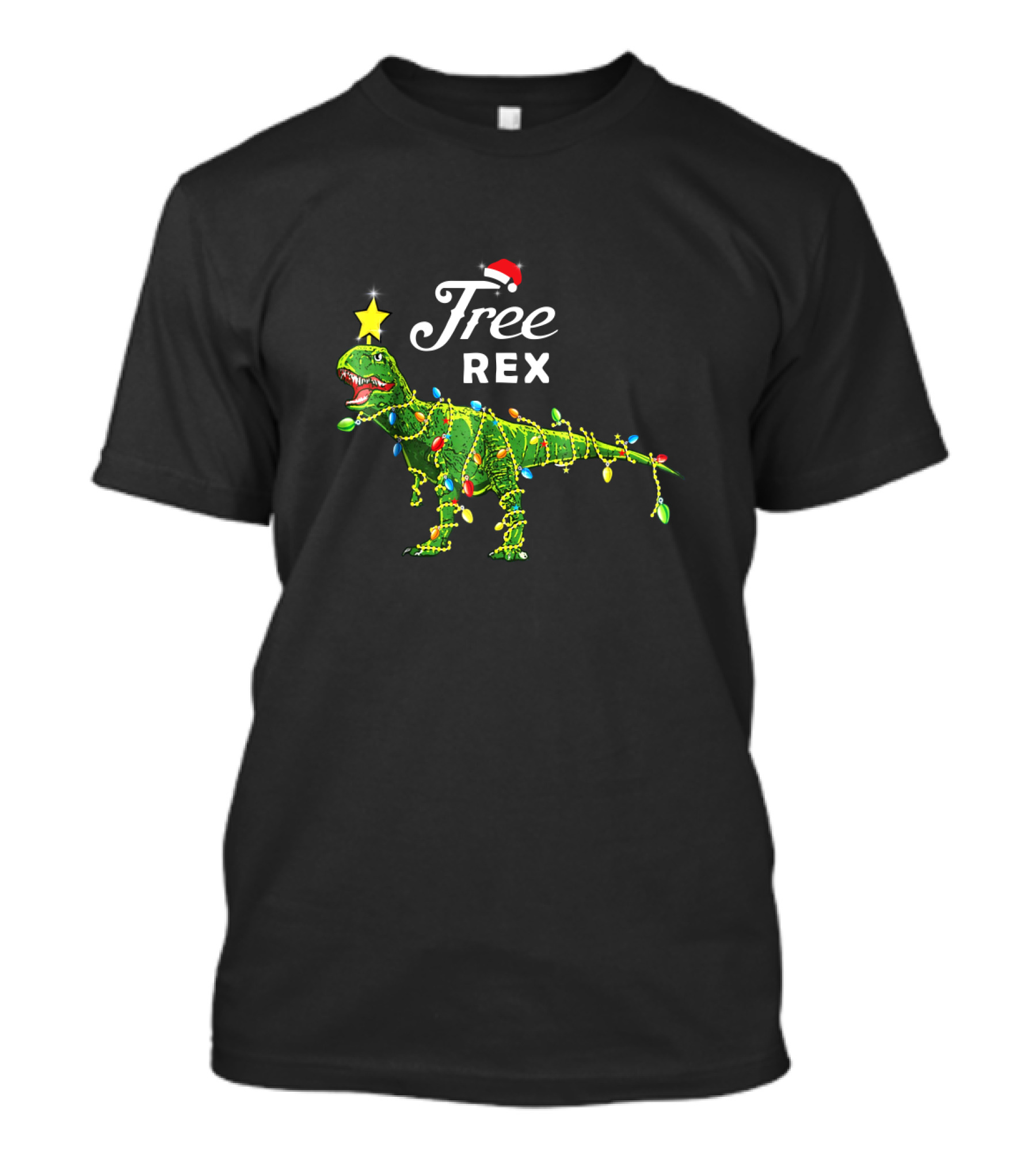Free Rex Dinosaur Christmas Festive Lights Santa Hat Star Topper T-Shirt