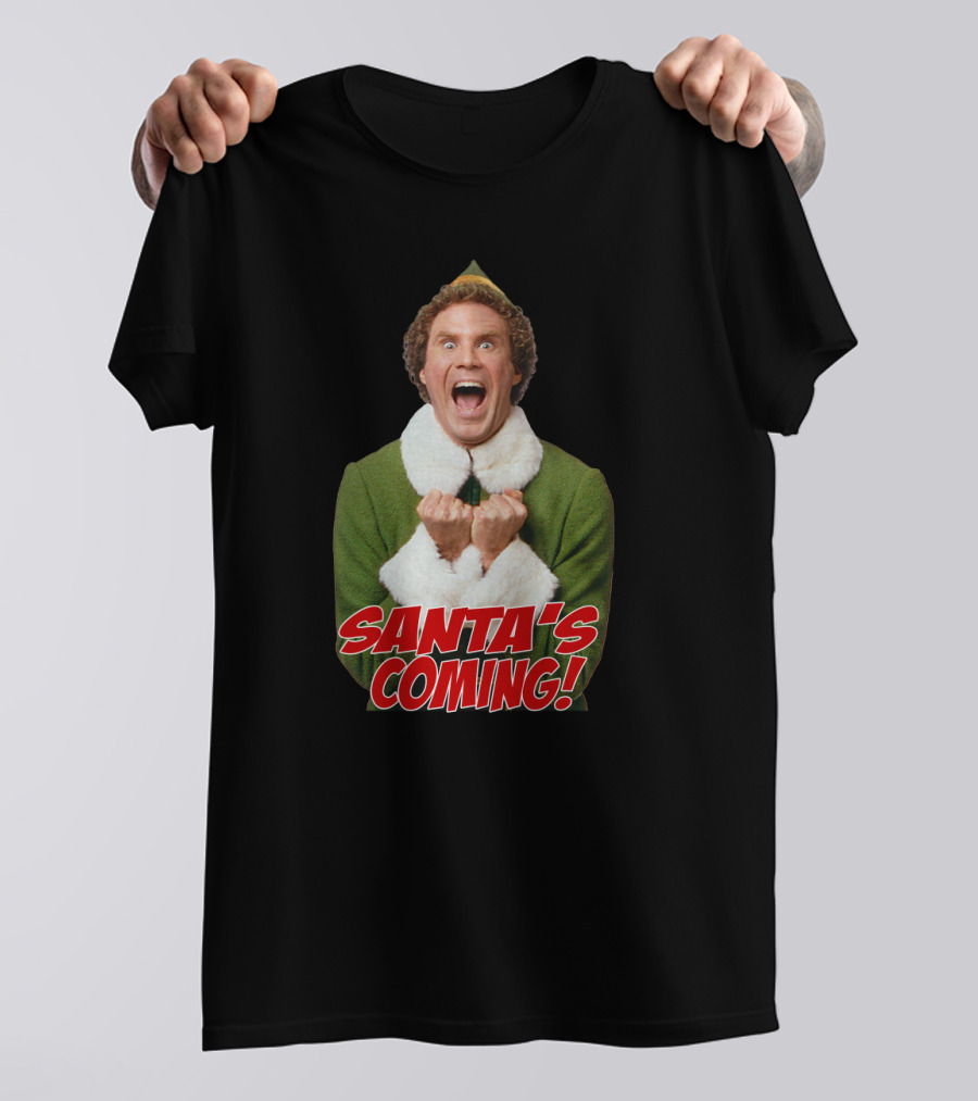 Santa's Coming Excited Elf Green Holiday T-Shirt