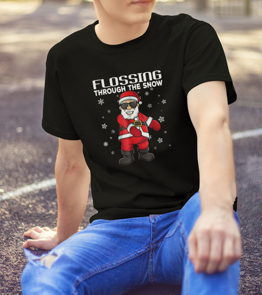 Flossing Through The Snow Santa Claus Sunglasses Surrounded By Snowflakes T-Shirt