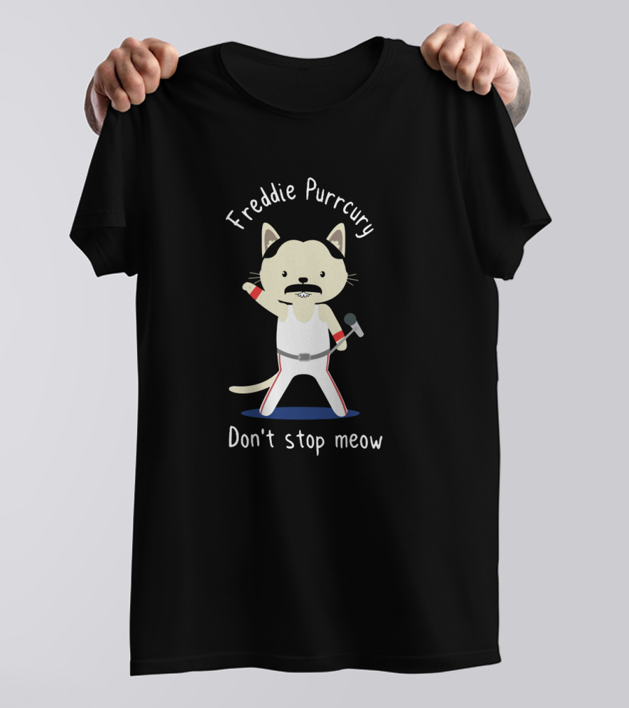 Freddie Purrcury Don't Stop Meow Illustration Of Cat With Microphone In Iconic White T-Shirt