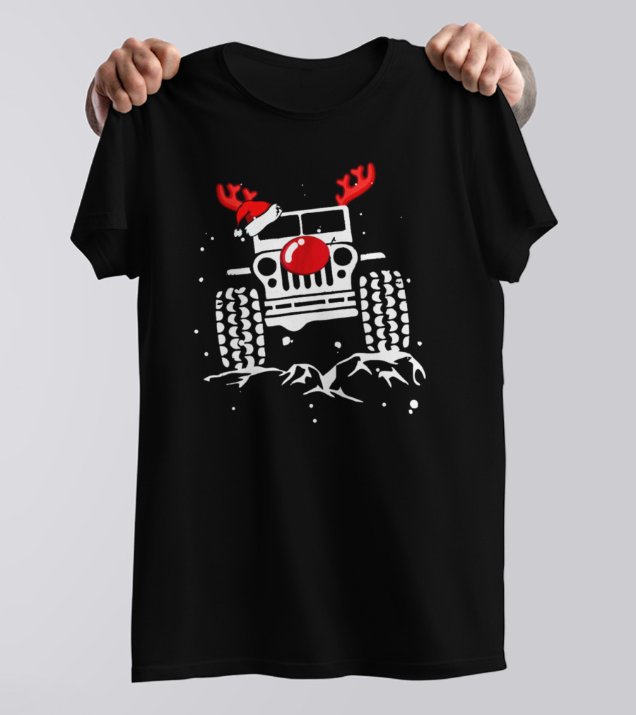 Jeep With Reindeer Antlers Santa Hat And Red Nose Christmas Holiday T-Shirt