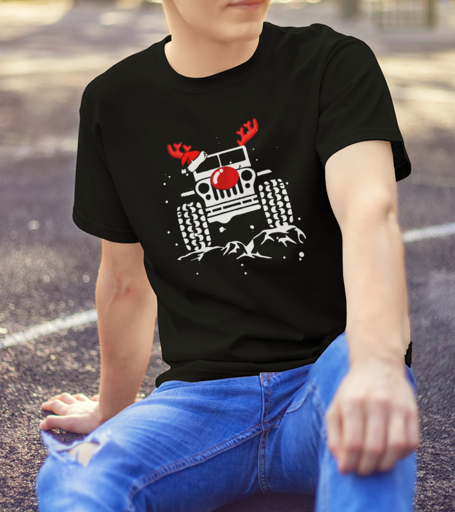 Jeep With Reindeer Antlers Santa Hat And Red Nose Christmas Holiday T-Shirt