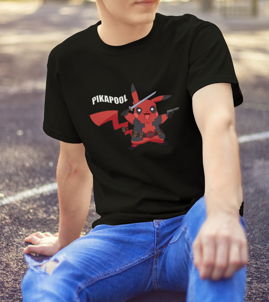 Pikapool Mashup: Funny Deadpool Pikachu With Sword And Gun T-Shirt