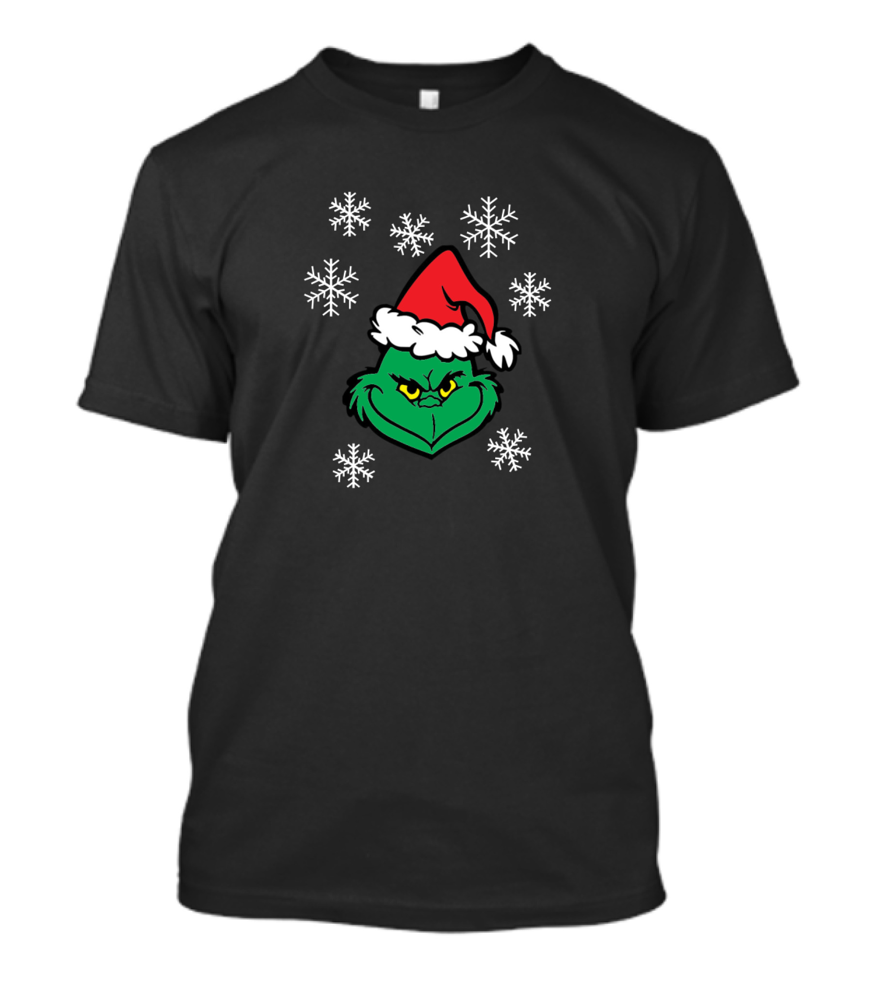 Grinch Face With Santa Hat And Snowflakes Christmas T-Shirt