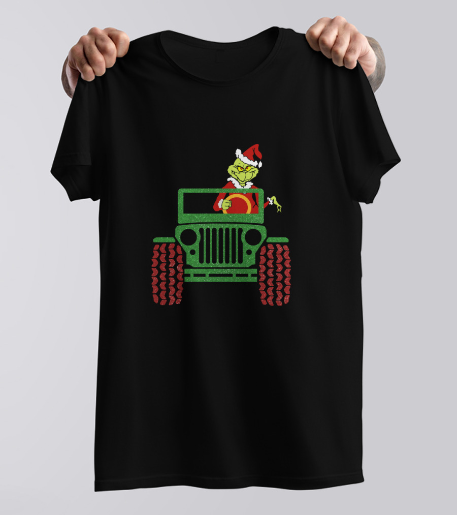Grinch Santa Drives Christmas Green Jeep With Red Wheels T-Shirt