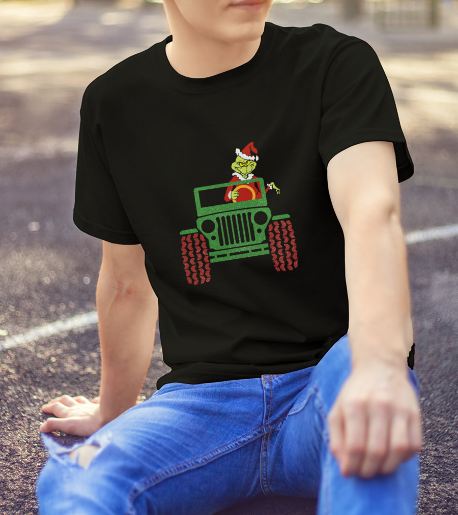 Grinch Santa Drives Christmas Green Jeep With Red Wheels T-Shirt