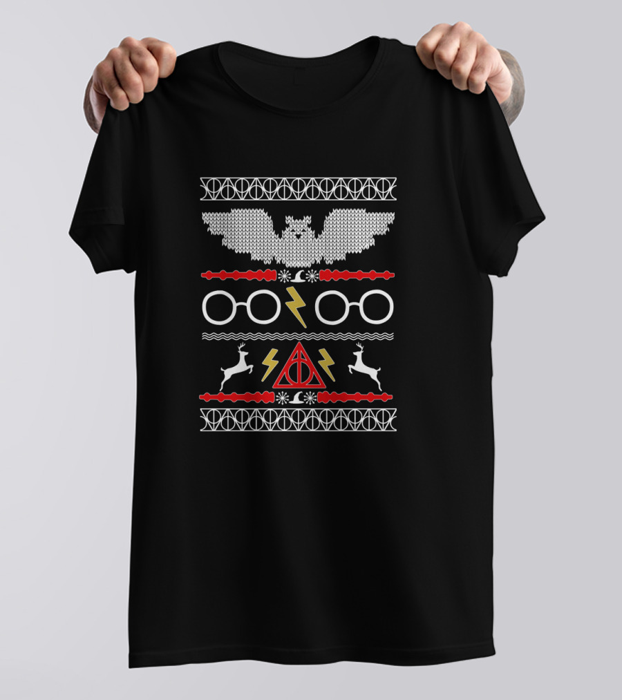 Hogwarts Holiday Sweater Style With Glasses Lightning Bolt And Deathly Hallows Symbols T-Shirt