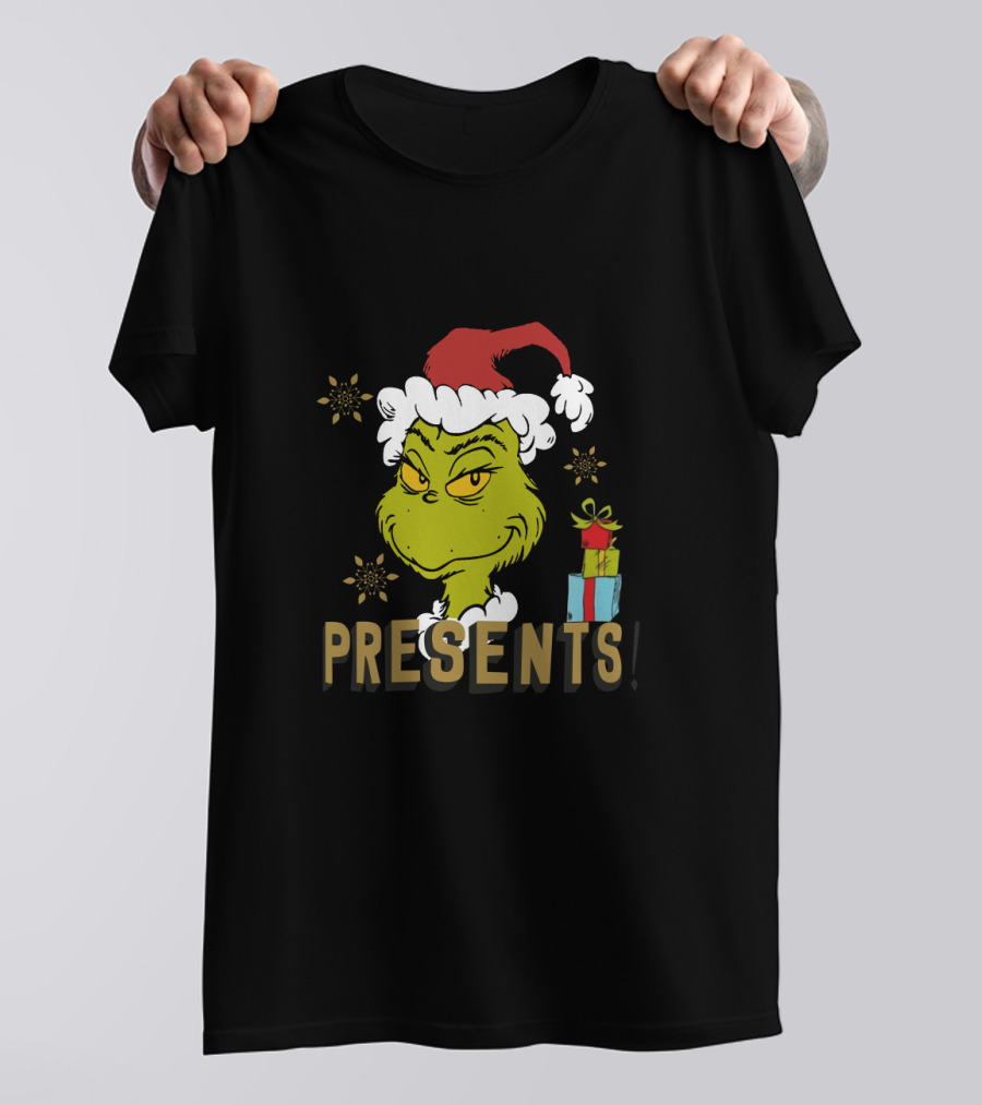 I'm Here For The Presents Grinch Santa Hat Snowflakes T-Shirt
