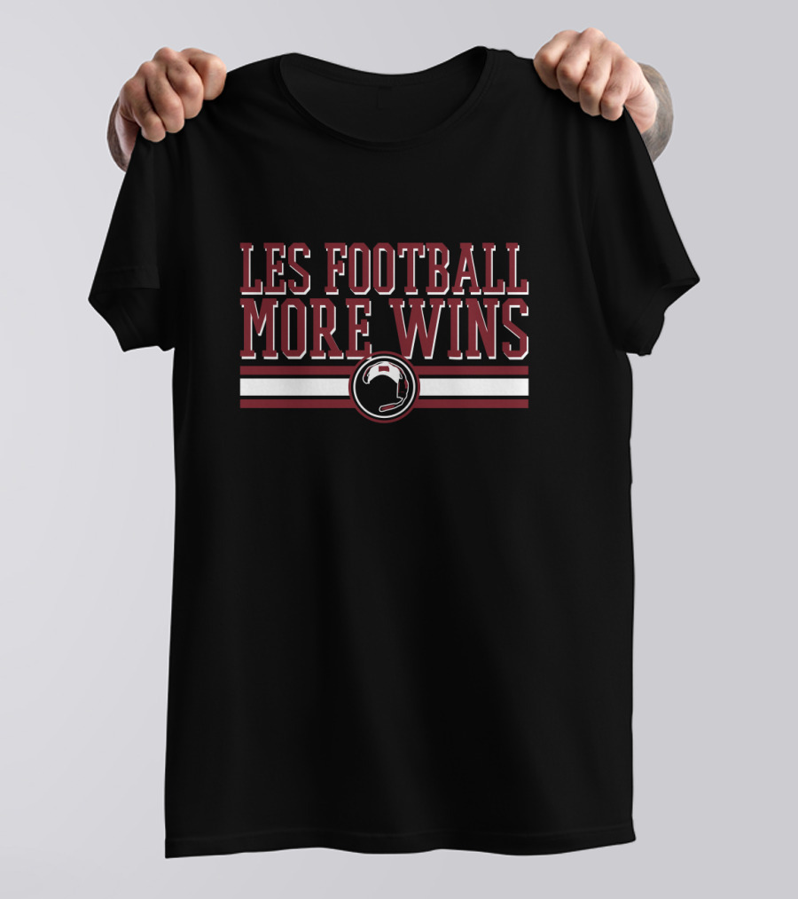 LES FOOTBALL MORE WINS Helmet Graphic Bold Red White Black Stripes T-Shirt