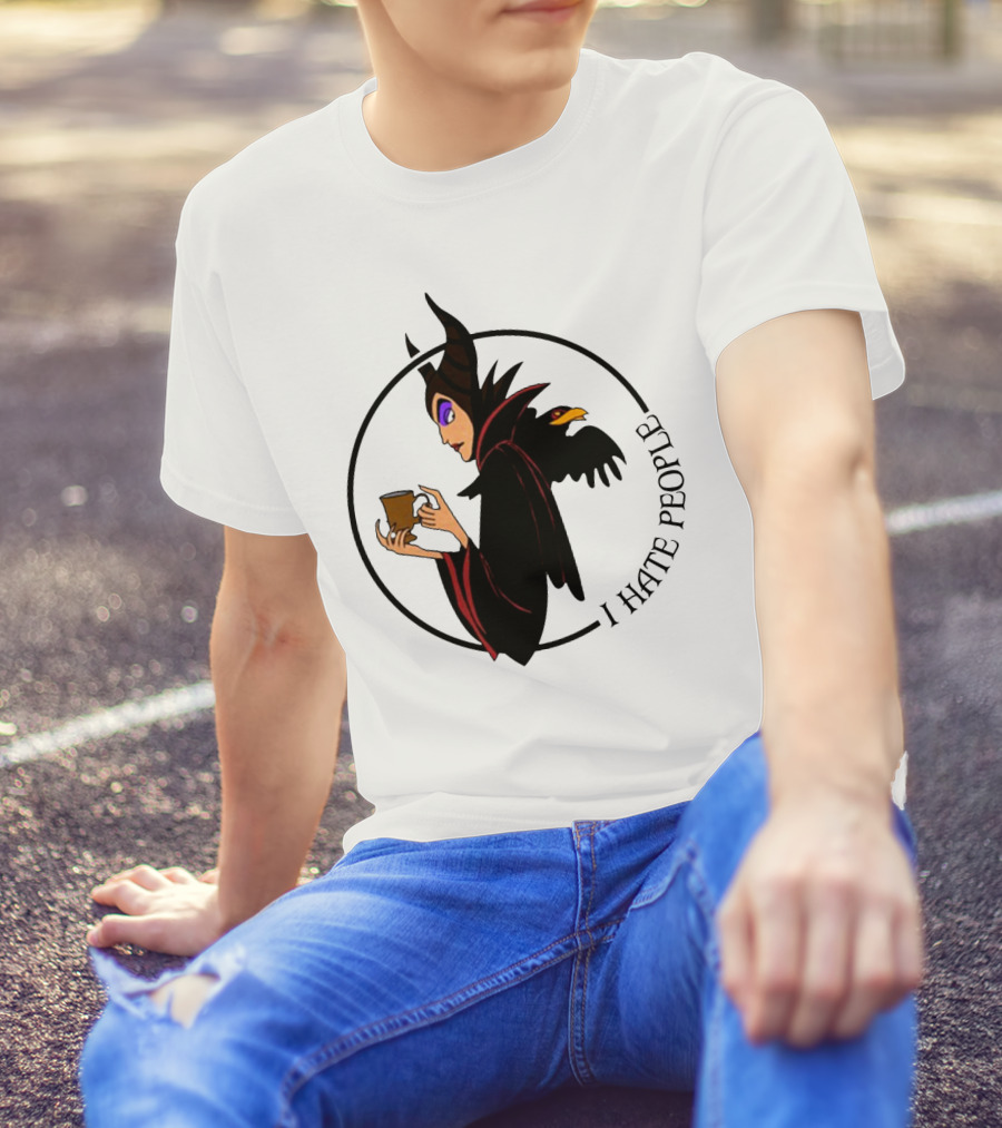 Maleficent Coffee Holding With I Hate People Text And Raven On Shoulder T-Shirt