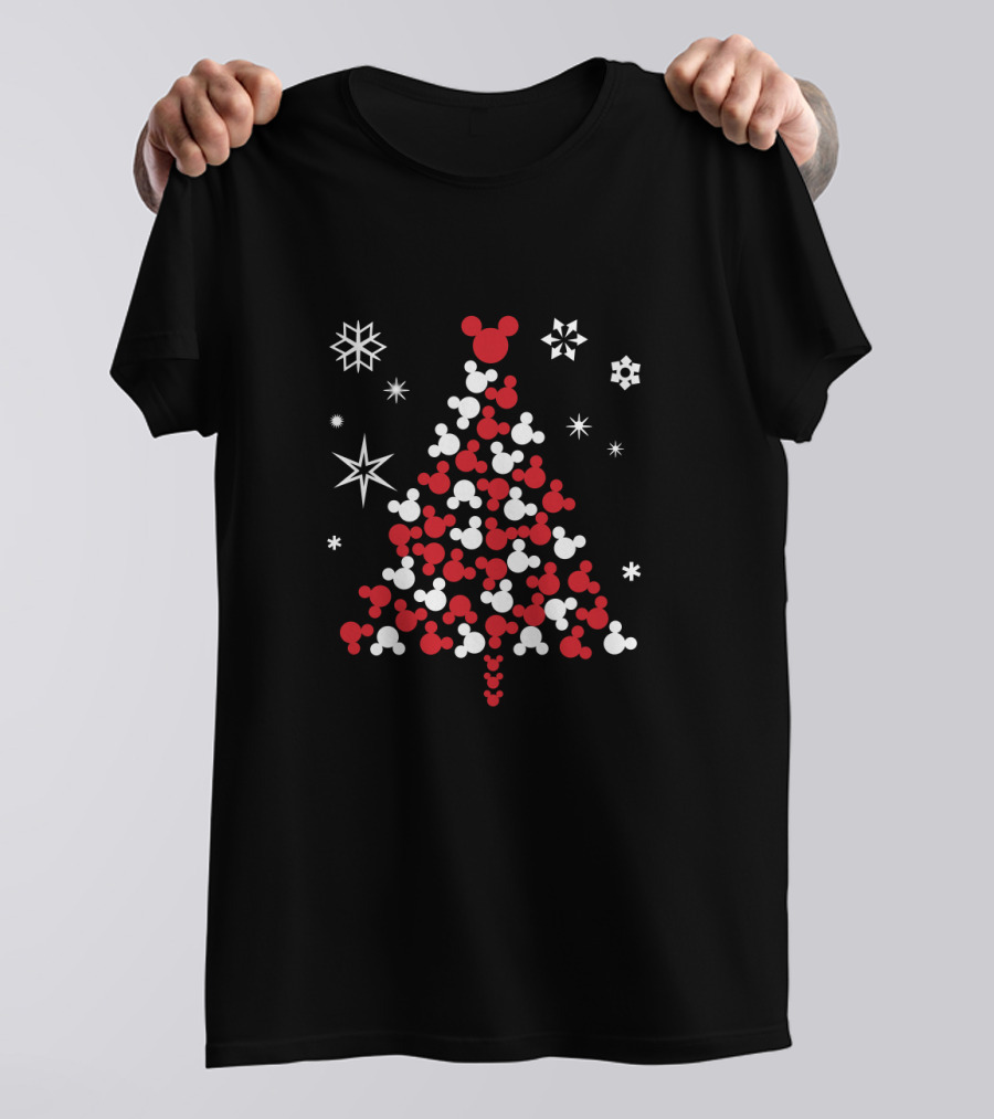Mickey Mouse Head Christmas Tree With Snowflakes And Stars T-Shirt