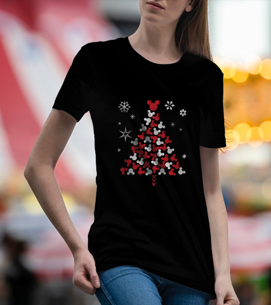 Mickey Mouse Head Christmas Tree With Snowflakes And Stars T-Shirt