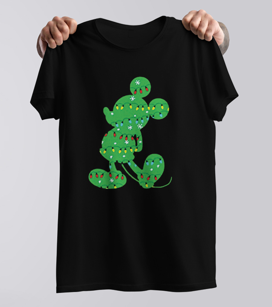 Mickey Mouse Silhouette With Festive Christmas Lights And Green Holiday T-Shirt