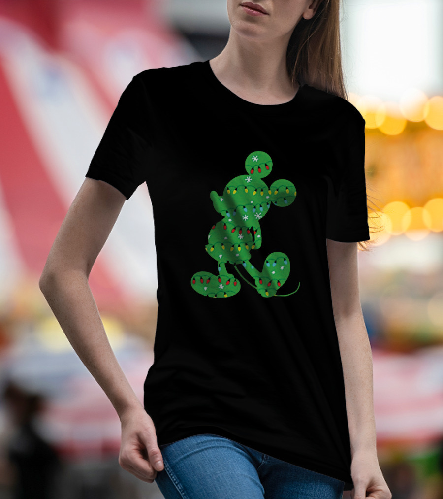 Mickey Mouse Silhouette With Festive Christmas Lights And Green Holiday T-Shirt