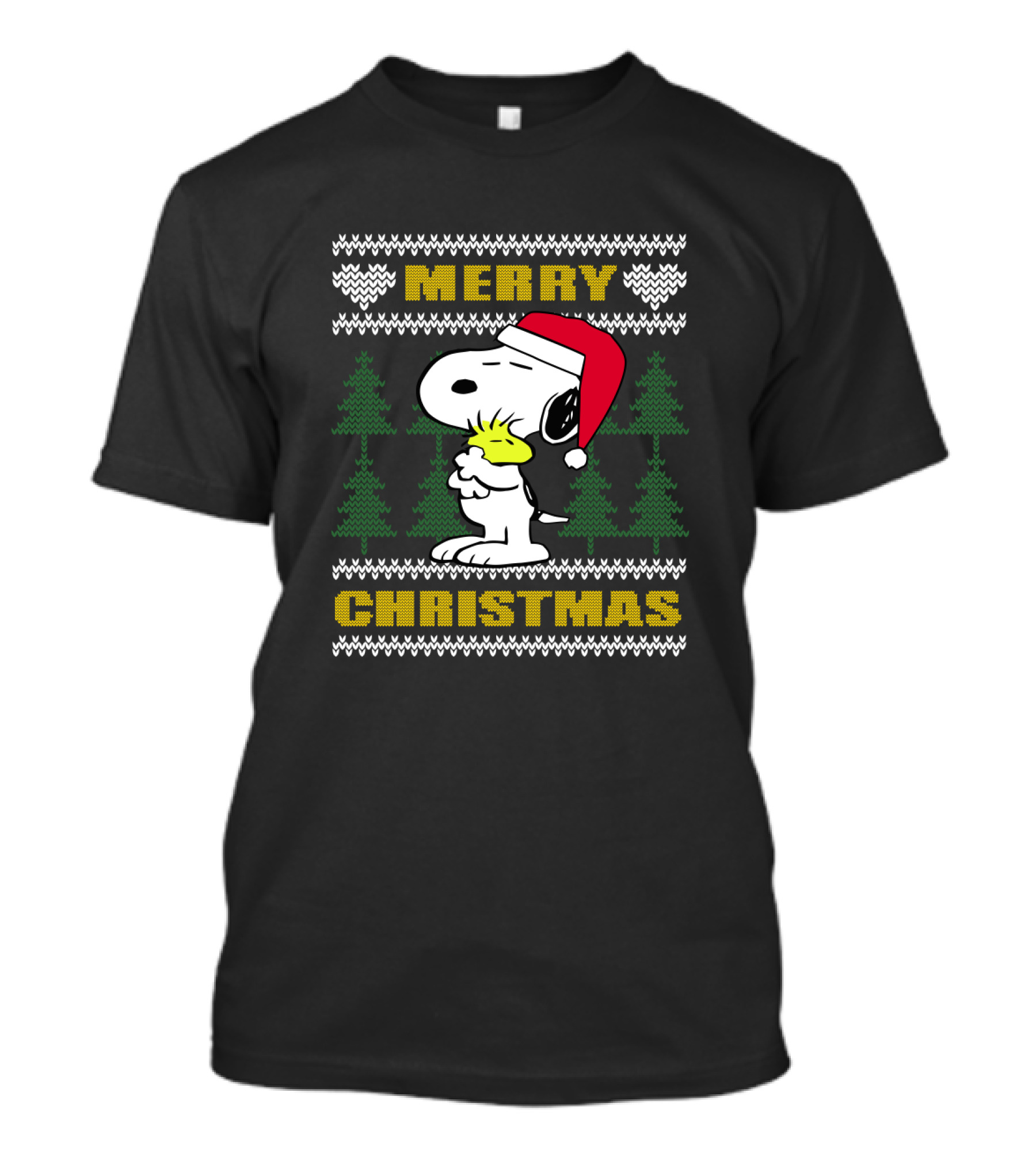 Snoopy Woodstock Merry Christmas Santa Hat Peanuts Holiday Trees T-Shirt