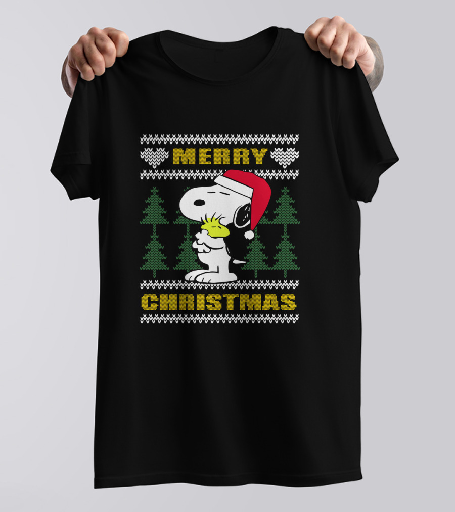 Snoopy Woodstock Merry Christmas Santa Hat Peanuts Holiday Trees T-Shirt