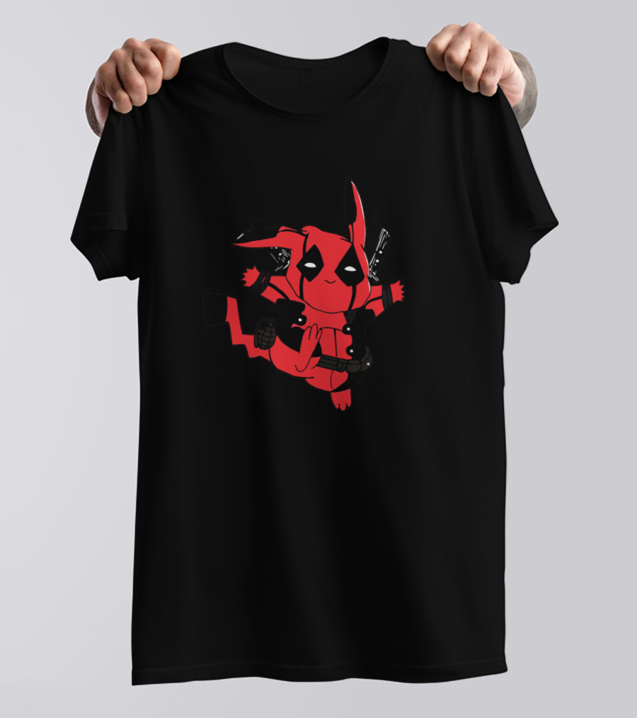 Pikachu Deadpool Crossover Character With Red Suit And Swords T-Shirt