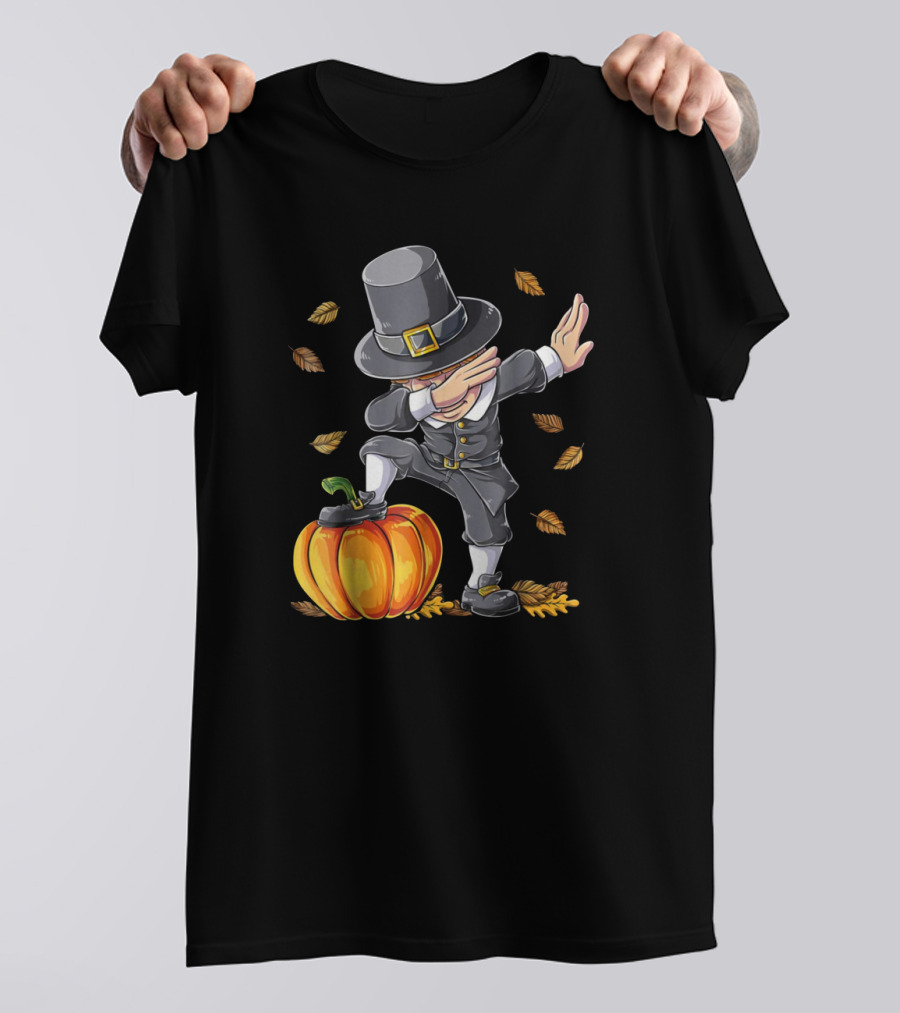 Pilgrim Dabbing On Pumpkin With Falling Autumn Leaves T-Shirt