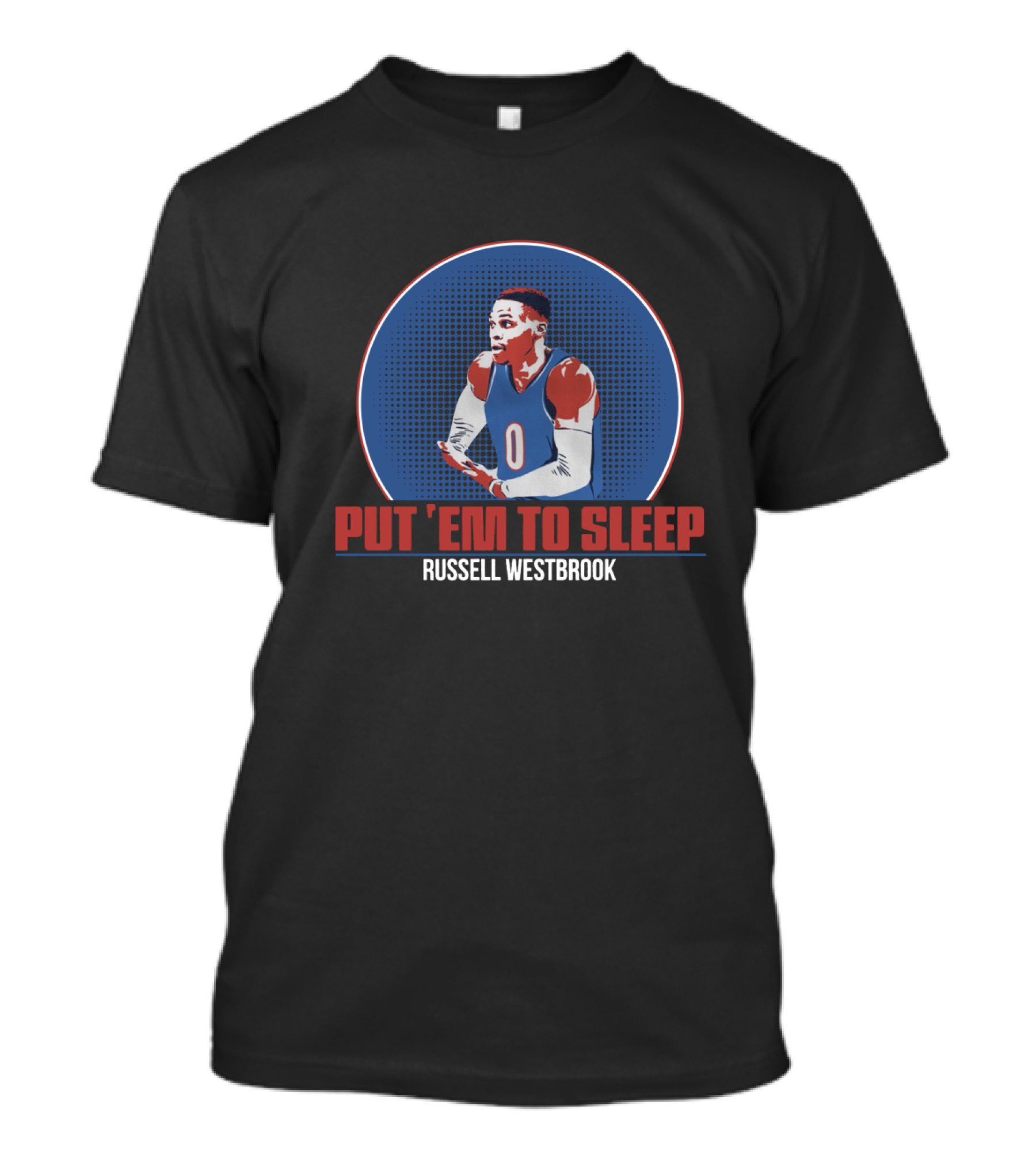 Russell Westbrook PUT 'EM TO SLEEP Basketball Image With Blue And Red Athletic T-Shirt