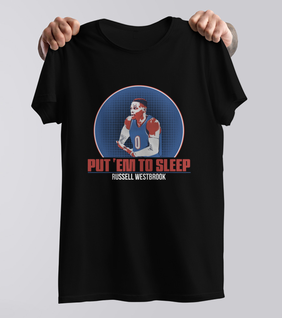 Russell Westbrook PUT 'EM TO SLEEP Basketball Image With Blue And Red Athletic T-Shirt