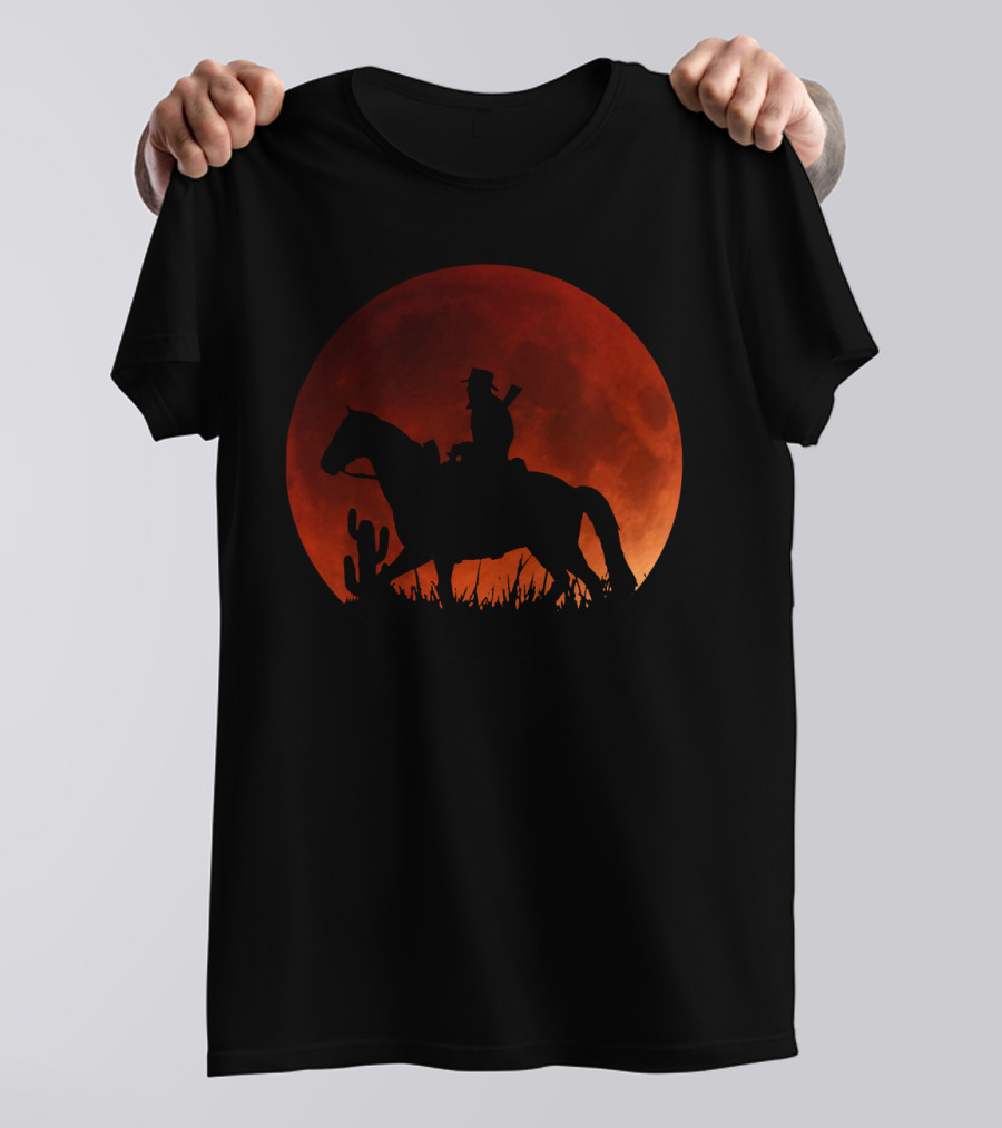 Red Moon Cowboy Riding Silhouette Red Dead Redemption T-Shirt