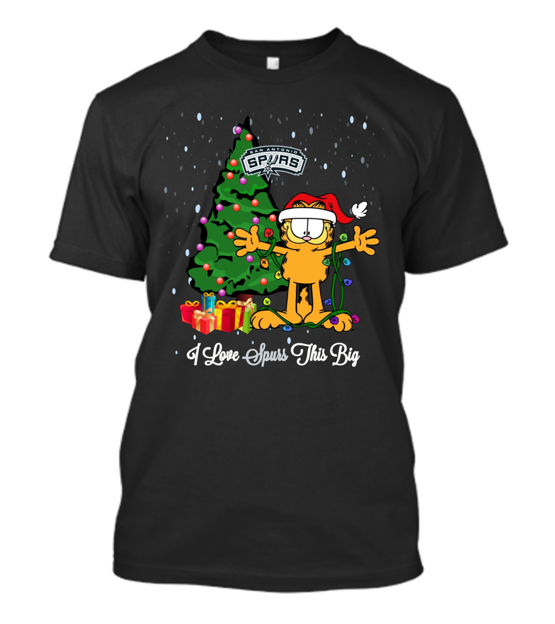 I Love Spurs This Big San Antonio Spurs Christmas With Garfield And Tree T-Shirt