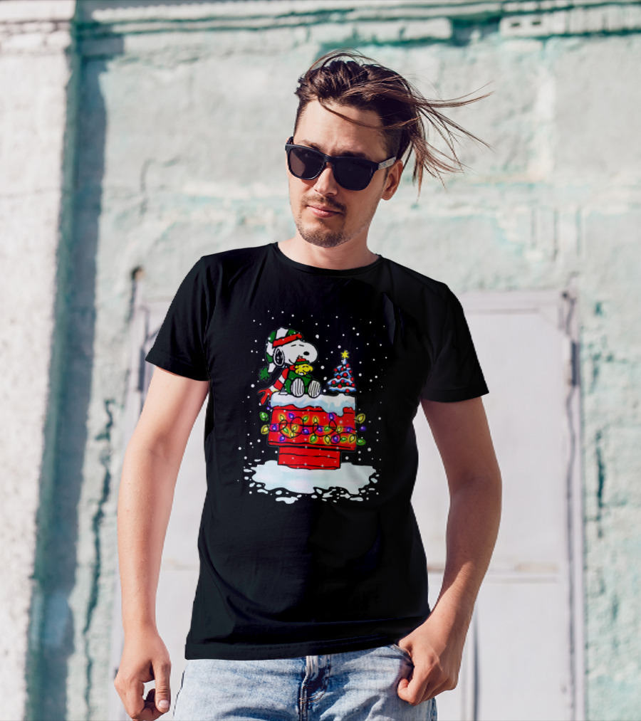 Snoopy Christmas Lights On Doghouse With Woodstock And Winter Scene From Peanuts T-Shirt