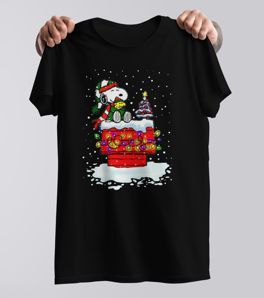 Snoopy Christmas Lights On Doghouse With Woodstock And Winter Scene From Peanuts T-Shirt