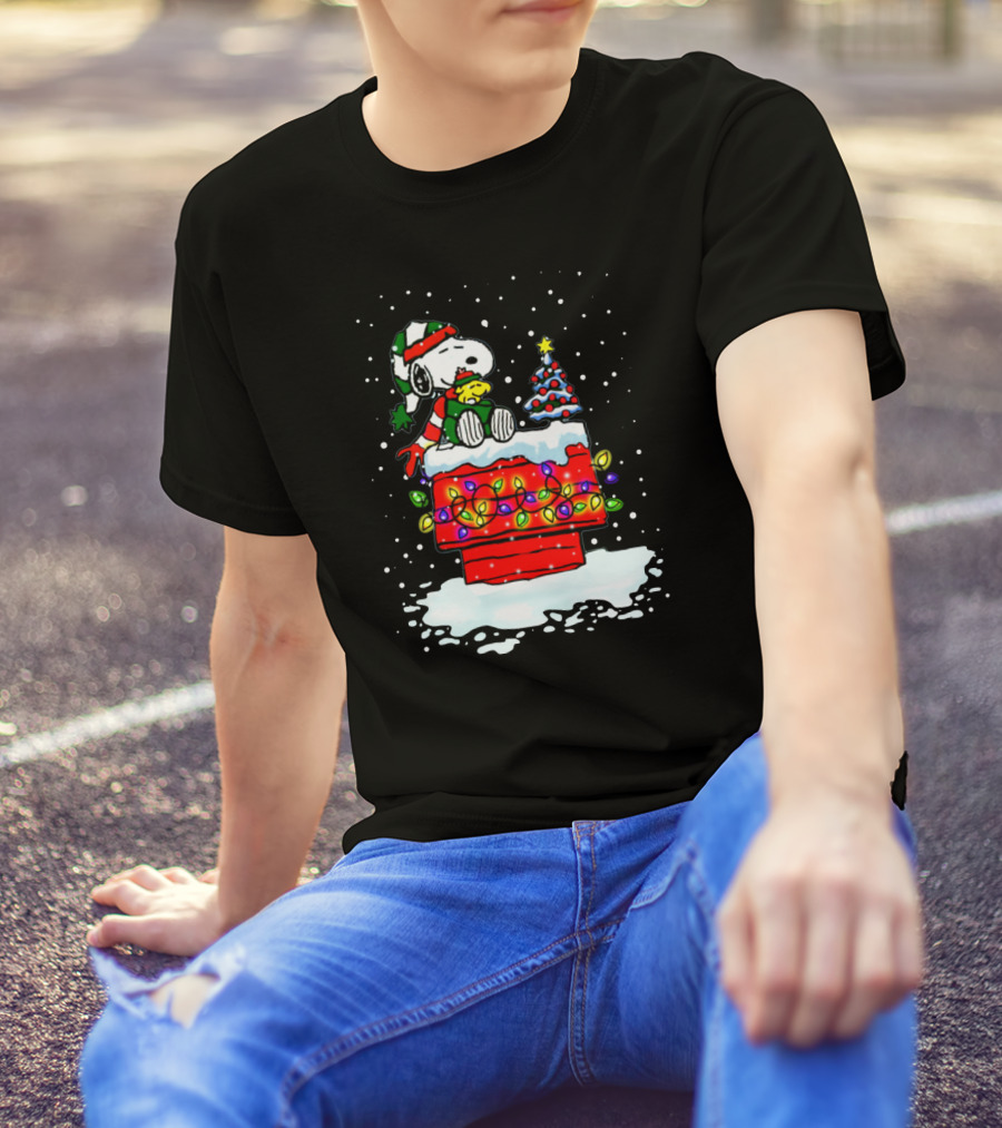 Snoopy Christmas Lights On Doghouse With Woodstock And Winter Scene From Peanuts T-Shirt