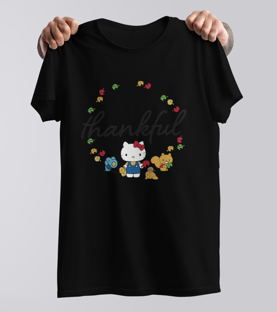 Thankful Hello Kitty Surrounded By Colorful Autumn Leaves And Forest Friends T-Shirt