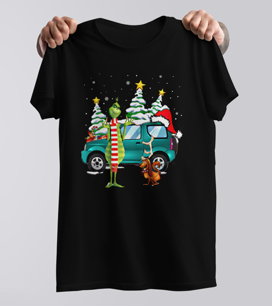 Grinch Max Dog Christmas Snow Trees Santa Hat Car Scene T-Shirt